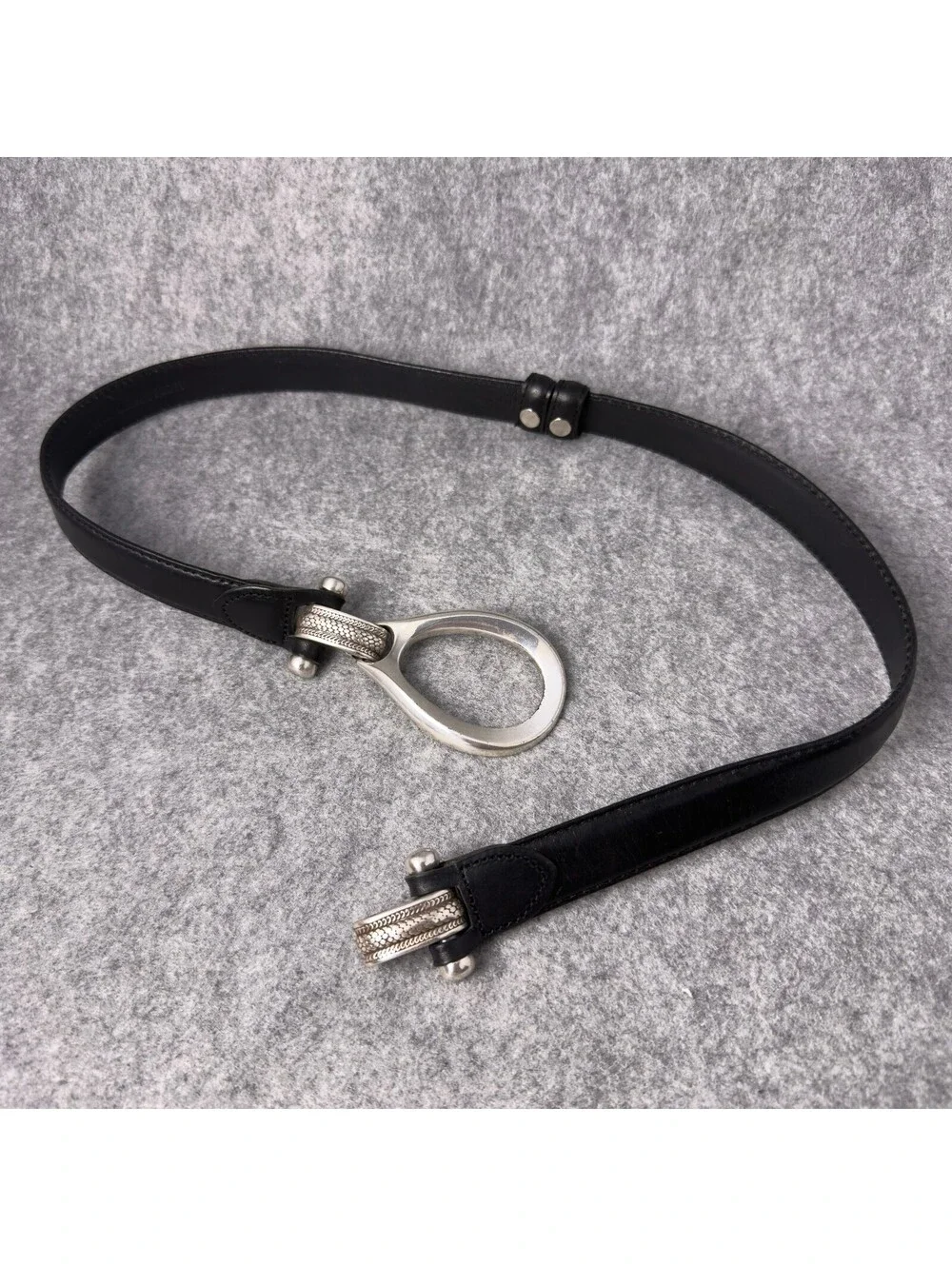 Black Leather Belt with Decorative Silver Buckle, Size Small/Medium